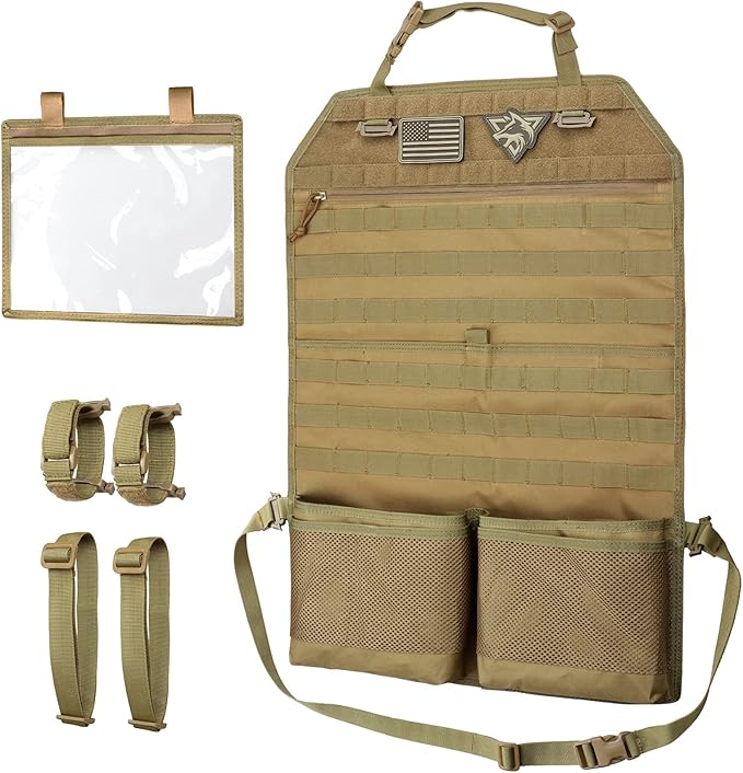 WYNEX Car Seat Organizer, Molle Backseat Cover Organizer Protector with Sling Rack, Visual Pocket and Patch, Universal Vehicle Fits for F150, Jeeps, Pickups & Trucks for Road Trips