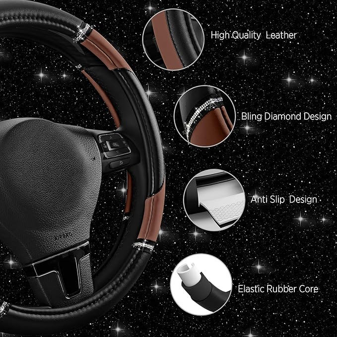 Road Comforts Leather Steering Wheel Cover - Made with PVC Leather - Anti-Slip Steering Wheel Cover Universal Fit Most 14 1/2