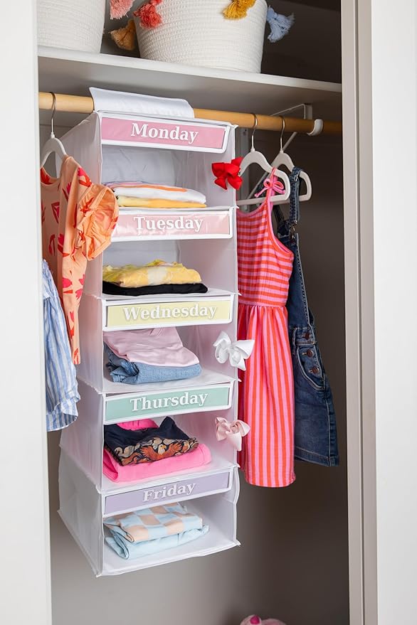 Three Sweet Peas Co Weekly Clothes Organizer for Kids – 5 Shelf Hanging Closet Storage for School Outfits | Monday to Friday 