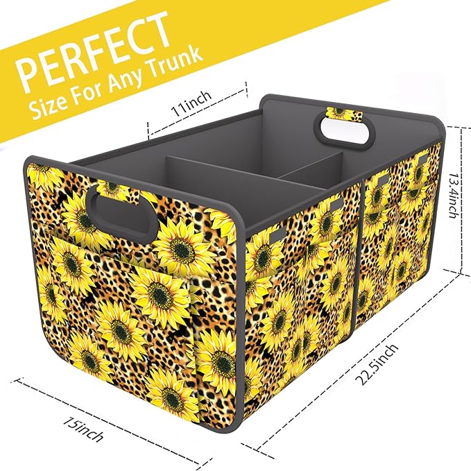 Homeve Trunk Organizer, Car Storage, Reinforced Handles, Collapsible Multi-Compartment, Foldable, Waterproof, Sturdy, 600D Oxford Polyester For Car, SUV, Mini-Van, Sunflower Leopard Print, 2 Compart