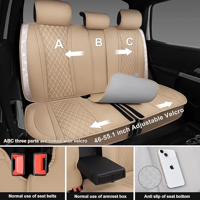 CAR PASS Beige Leather Bling Car Seat Covers Full Set, Luxury Microfiber Nappa PU Cushioned, Waterproof Anti-Slip Universal F