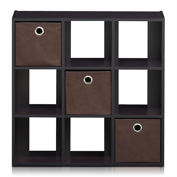 Furinno Simplistic 9-Cube Organizer with Bins, Small Size (Assembled Unit Dimensions : 7.9"D x 26.5"W x 26.7"H Inches), Dark 