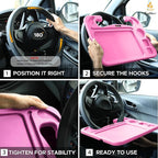 EcoNour 4 in 1 Car Steering Wheel Tray - 2024 Upgraded Pink Tray with Dual Sauce Dip Holder and Tablet Holder | Spacious Steering Wheel Desk for Food and Laptop | Car Accessories (Large)