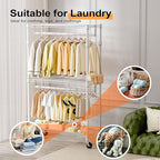 M MZG Heavy Duty Rolling Garment Rack 3 Tiers Adjustable Wire Shelving Clothes Rack with 2 Rods and Side Hooks,Storage Closet