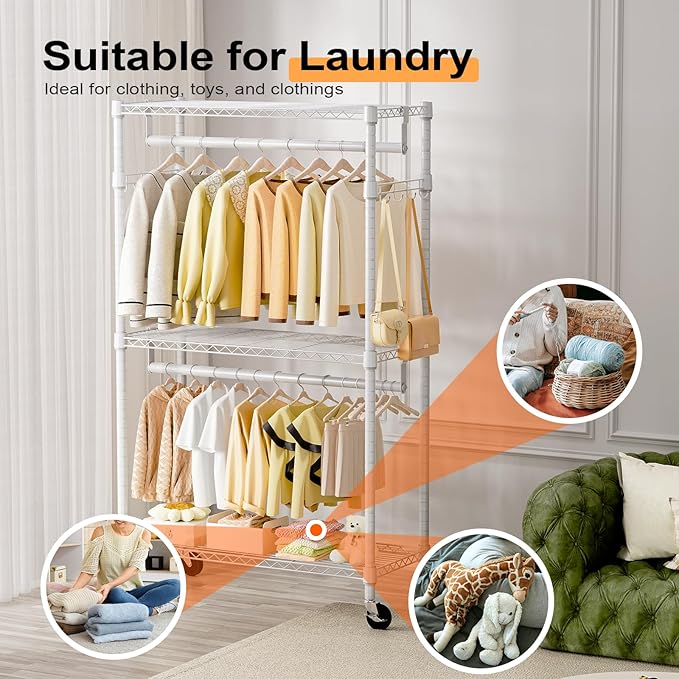 M MZG Heavy Duty Rolling Garment Rack 3 Tiers Adjustable Wire Shelving Clothes Rack with 2 Rods and Side Hooks,Storage Closet