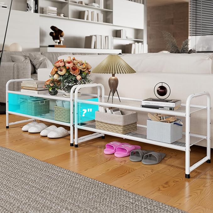 SUFAUY 2 Tier Shoe Rack for Closet, Metal Mesh Shoe Organizer, Stackable Heavy Duty Shoe Shelf, White