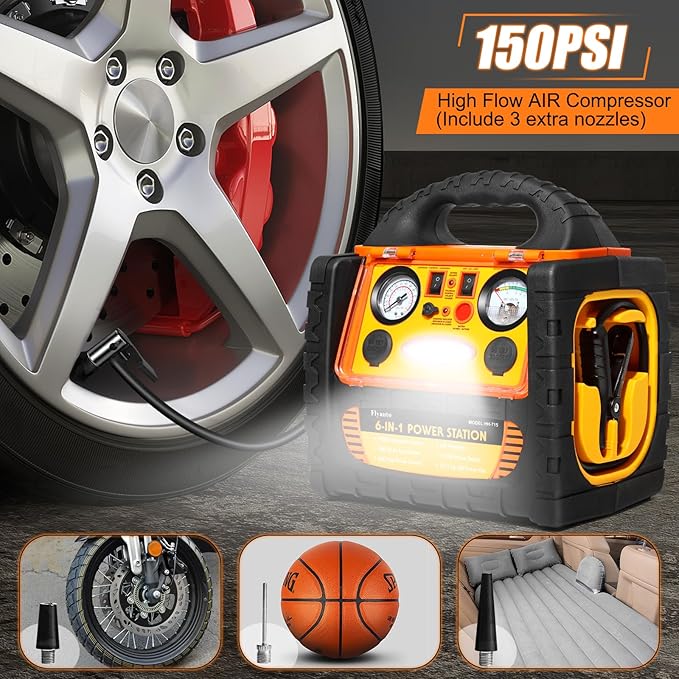1800A Car Jump Starter with Air Compressor 150PSI,12V Portable Heavy Duty Battery Jump Box (8.0L Gas/6L Diesel), Battery