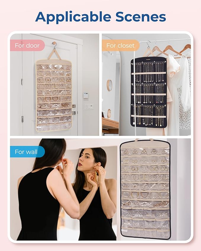 BAGSMART Hanging Jewelry Organizer, Necklace Holder Anti-tangle Earrings Rings Hanger with Pockets Hang on Closet, Wall, Door
