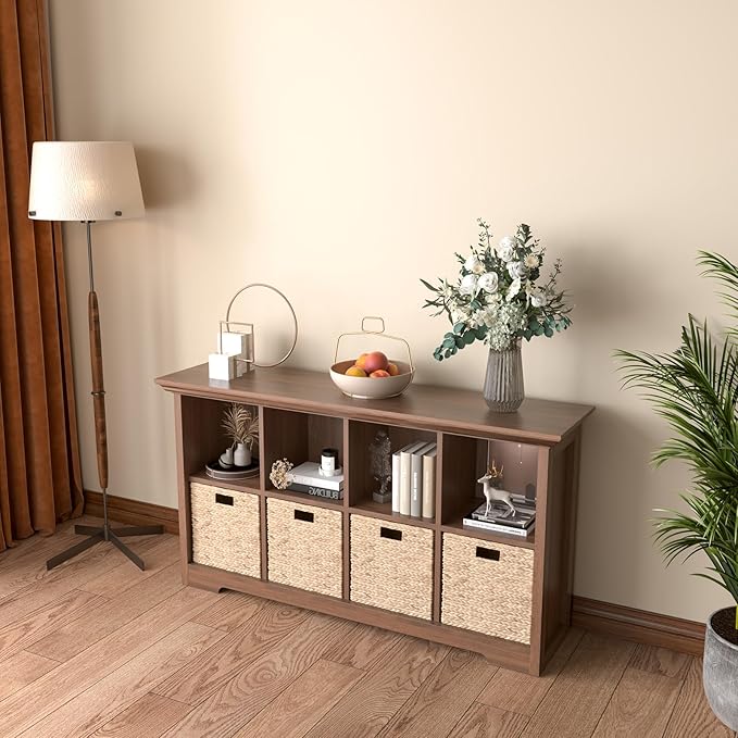 OSCHF Cube Shelf Bookcase with Base - Wooden 2 Tiers Floor Standing Low Storage Cabinet for Home and Office, 8-Cube Lattice B