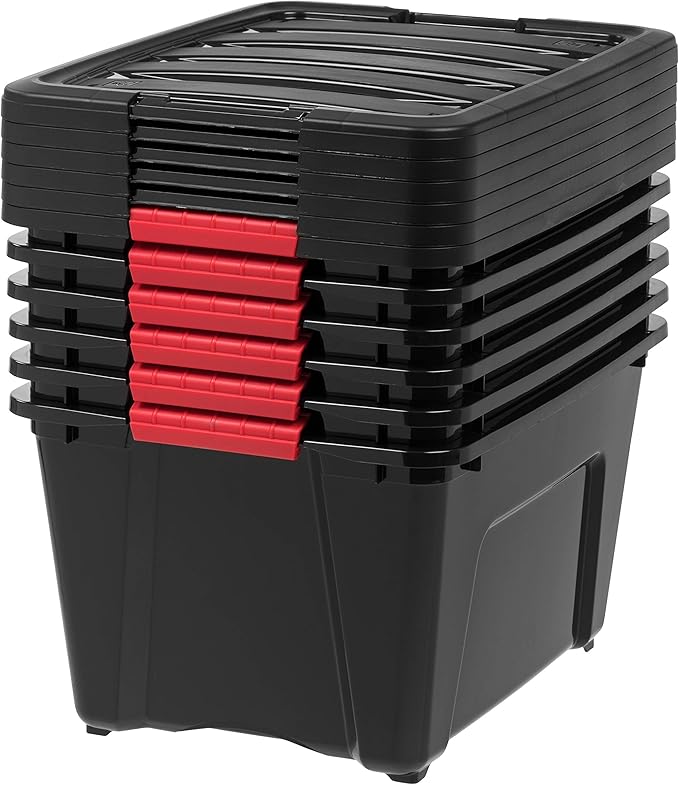 IRIS USA 32 Qt Stackable Plastic Storage Bins with Lids, 6 Pack - BPA-Free, Made in USA - Garage Organizing Solution, Latches
