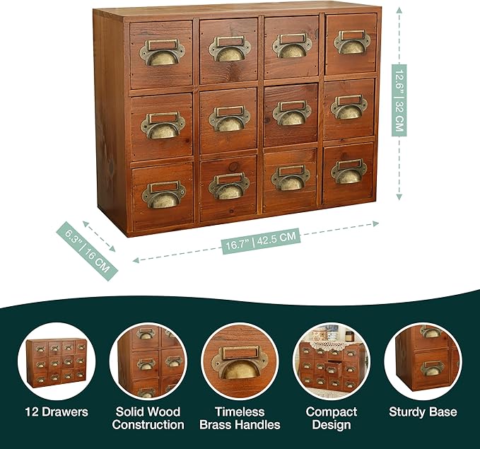 12-Drawer Apothecary Cabinet - Index Card Organizer - Mahogany Wooden Card Catalog - Fits Standard US 3x5in Index Cards - Vin