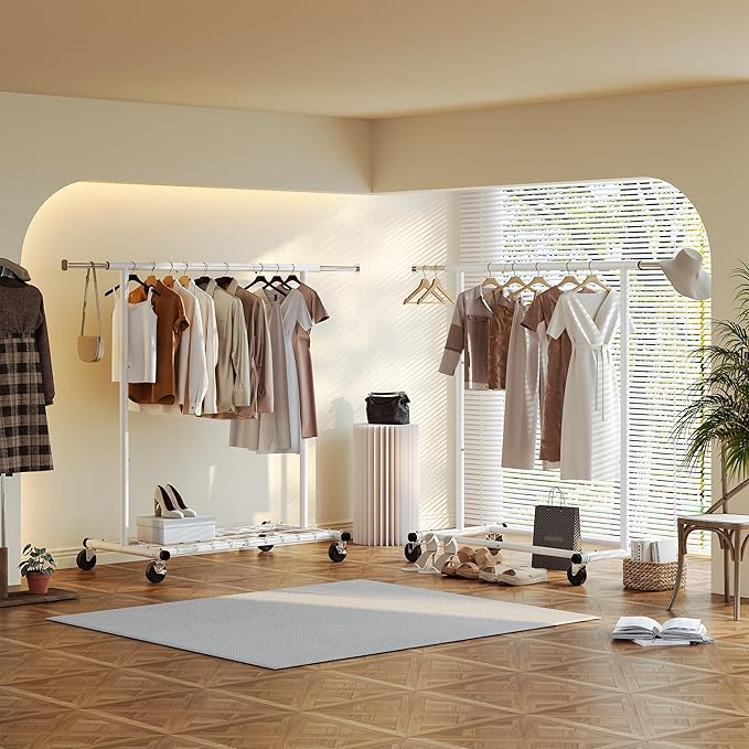 Raybee Clothing Rack for Hanging Clothes, Rolling Clothes Rack Load 250LBS, Metal Clothes Racks, Clothing Rack with Wheels Po