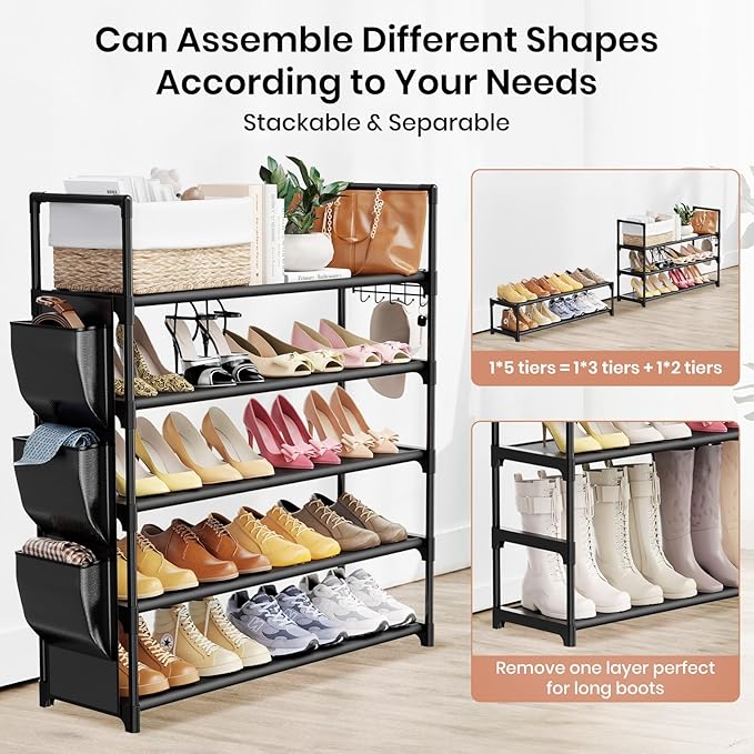 VILICK 5 Tier Shoe Rack with Hook and Side Pocket,Shoe Organizer Space Saver Storage for 20-25 Pair Shoe Storage Shelf Sturdy
