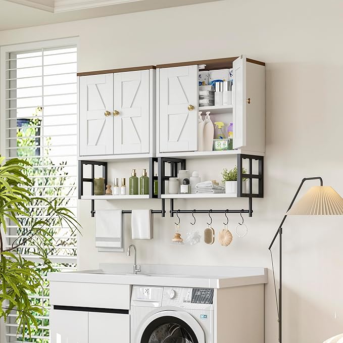 Farmhouse Medicine Cabinet - 3-Tier Wall Mounted Storage Organizer with Adjustable Shelves, Towel Bar, 5 Hooksfor Small Bathr