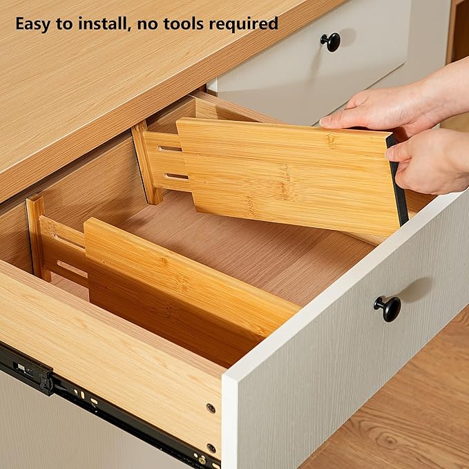 Fabsome Dresser Drawer Organizers 6 Pack, 4.65'' High Adjustable from 17-22‘’ Bamboo Drawer Dividers for Clothing Baby Clothe