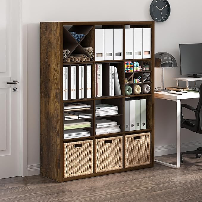 Furinno Cubicle Book Shelf, 12-Cube Bookshelf, Extra Thick Frame Reversible Bookcase with Open Back, 14.6" x 44" x 58", for L
