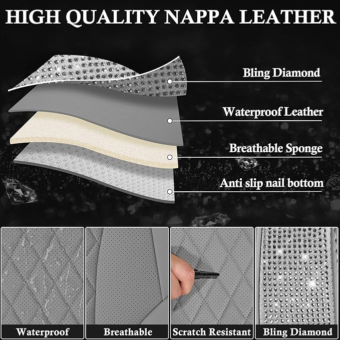 CAR PASS Gray Leather Bling Car Seat Covers Full Set, Luxury Microfiber Nappa PU Cushioned, Waterproof Anti-Slip Universal Fi