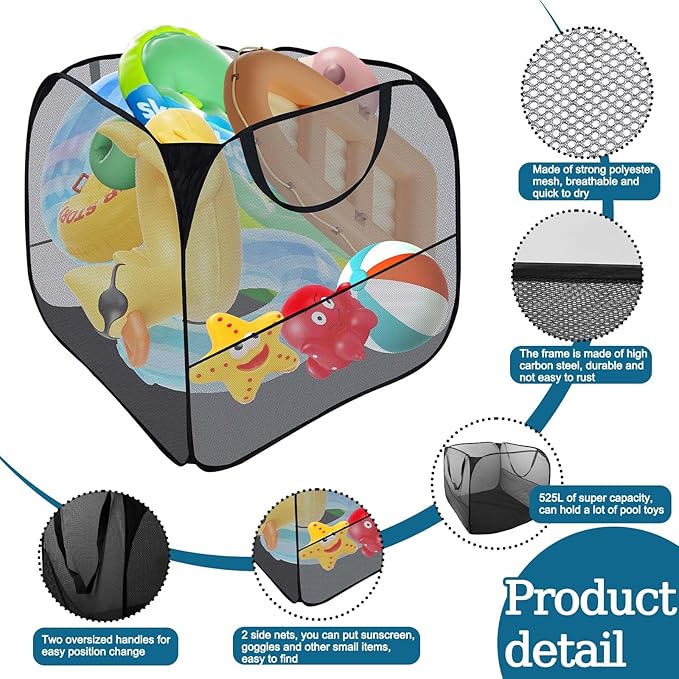 Pop up Pool Toy Storage Bin,32"X32"X30"Pool Float Organizer Bag with 2 Side Pockets Mesh Swimming Pool Toys Organizer with 4 