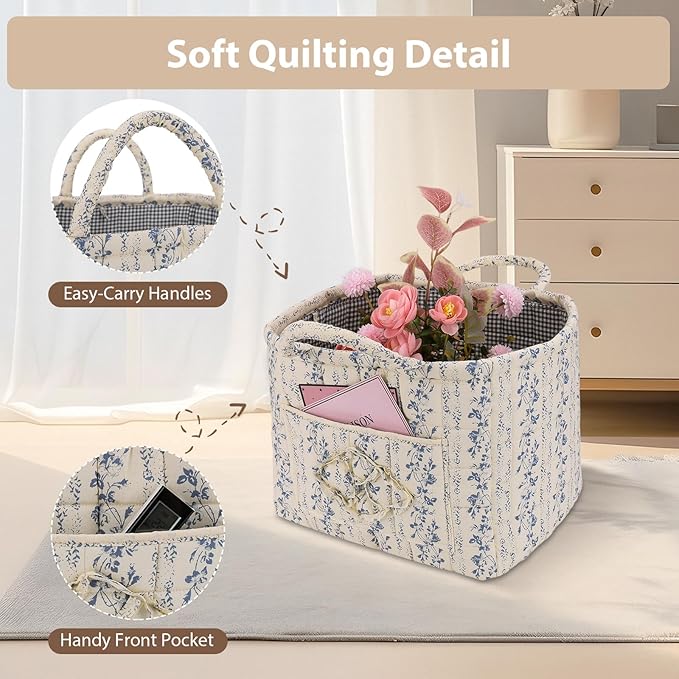 Storage Basket Boho Fabric Large Collapsible Floral Laundry Nursery Hamper Portable Folding Storage for Clothes Toys (Vine-Bl