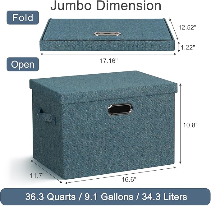 Graciadeco Large 17" 36 Quart Collapsible Stackable Storage Bins with Lids, 3 Packs Blue-Green Linen Fabric Closet Boxes with