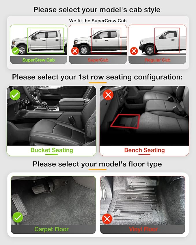 3W Floor Mats & Front Carpet Fit for 2015-2026 Ford F150 / F-150 Lightning SuperCrew Cab, TPE All Weather Heavy Duty Floor Liner Car Accessories (with Original Folding Under-Seat Storage Box)