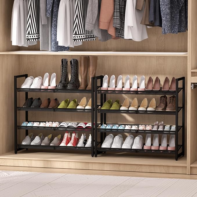 Metal Shoe Rack for Closet,entryway, 4-Tier Shoe Organizer, Adjustable Flat or Angled Shelves, Holds up to 20 Pairs Shoes, Bl
