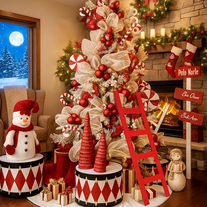 Jenaai 39 Inches Christmas Red Wooden Ladder Christmas Tree Decoration Santa Climb Ladder Assemble and Disassemble Rustic Dec