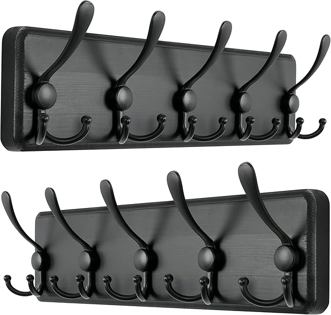 Dseap Coat Rack Wall Mounted - 5 Tri Hooks, Heavy Duty, Wooden Wall Coat Hanger Coat Hook for Clothes Hat Jacket Clothing, Bl
