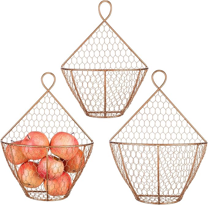 MyGift Set of 3, Farmhouse Copper Metal Wire Mesh Wall Hanging Baskets, Wall-Mounted Storage Basket, Decorative Kitchen Fruit