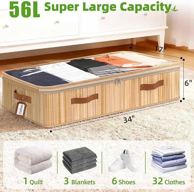 Livole 2 Pack Bamboo Under Bed Storage, 6 inches Underbed Storage Containers, 56L XXL Under Bed Storage Bins with Clear Lid &