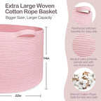 MEGASKET Extra Large Pink Basket, 22"x22"x14" Woven Cotton Rope Bin with Handles, Blanket Storage for Living Room, Baby Kids 