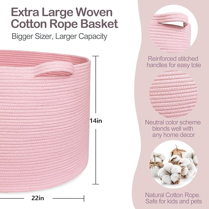 MEGASKET Extra Large Pink Basket, 22"x22"x14" Woven Cotton Rope Bin with Handles, Blanket Storage for Living Room, Baby Kids 