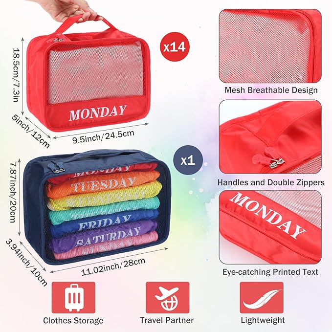 Days of Week Packing Cubes Weekly Organizer Travel Storage Bag School Clothes for Kids Summer Camp Family(9x7x3inch,Rainbow,1
