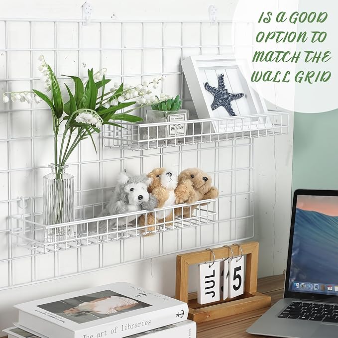 Blulu 4 Pcs 15.75 x 3.94 x 1.97 Inch Metal Grid Wall Baskets with Hooks Grid Wall Shelves Hanging Wire Basket Multi Function 
