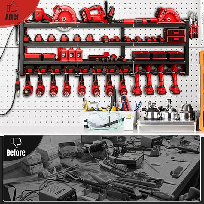 50" W Large Power Tool Organizer Wall Mount, Load 600lbs, 4 Layer Heavy Duty 12 Cordless Drills Holder, Battery Tool Storage 