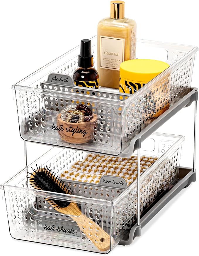 madesmart 2 Tier Organizer, Under Cabinet Storage with Pull Out Sliding Drawers, for Cleaning Supplies, Undersink, Sponges, B