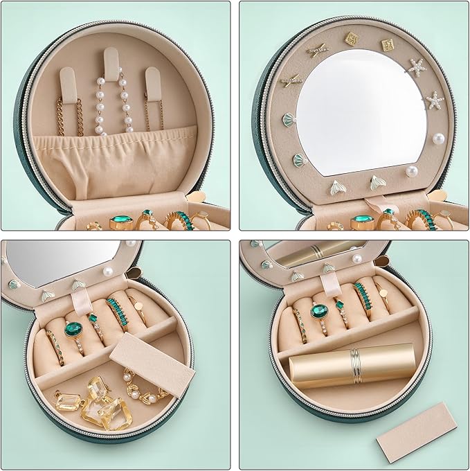 ProCase Travel Size Jewelry Box, Mini Portable Seashell-Shaped Jewelry Case with Mirror, 2 Layer Organizer in PU Leather for 