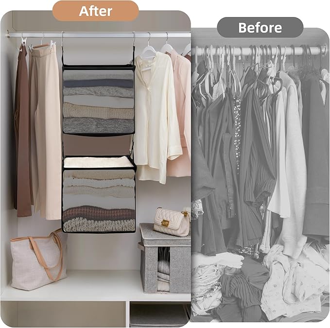 STORAGE MANIAC 2-Shelf Hanging Closet Organizer, Cloth Hanging Closet Shelf, Hanging Closets Baskets with Hooks for Dorm, Apt