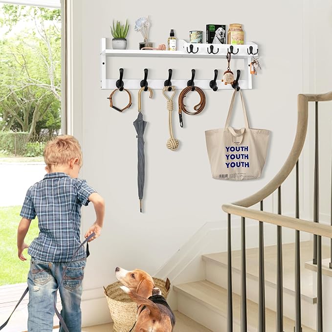 Coat Rack Wall Mount with Shelf, 27.5" Entryway Wall Hanging Shelf, Coat and Key Hanger with 10 Dual Hooks, Mail Organizer an