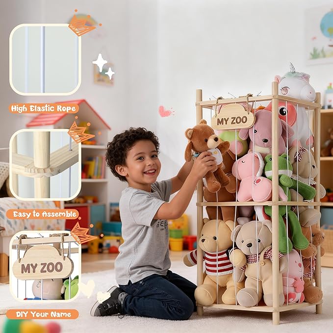 LAMU Stuffed Animal Storage Zoo, Wooden Stuffed Animals Organizer & Holder for Kids with Elastic Cords, Space Saving Plushies