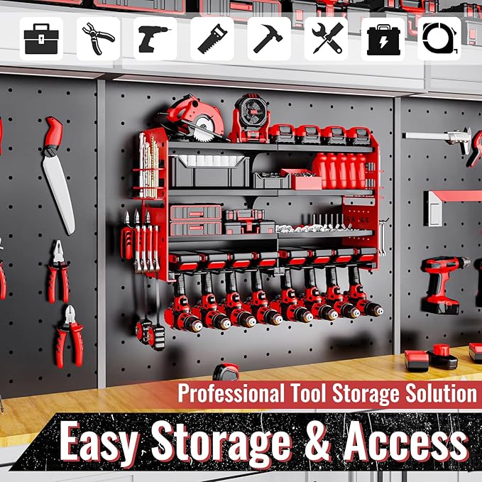 Power Tool Organizer Wall Mount, Metal Power Tool Storage Rack with Screwdriver Holder, Garage Tool Storage Shelves with Scre