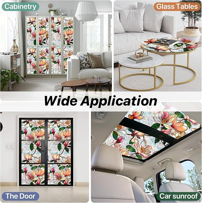 Niviy Window Privacy Film, Magnolia Flowers Stained Glass Window Film, Rainbow Film Glass Sun Protection Decals for Car Moonroof, Windows Tint for Home Bathroom (16.93 x 39.37inch)