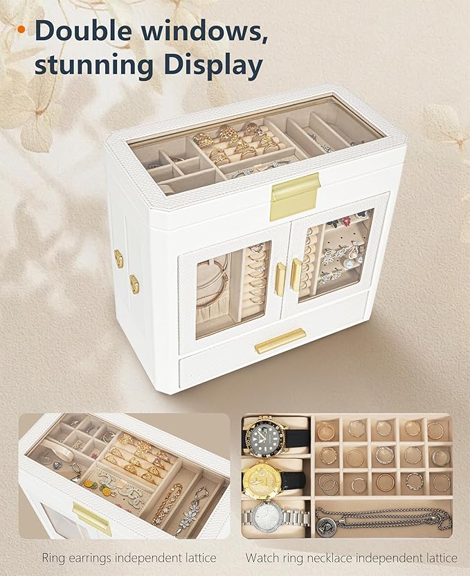 11" Large Jewelry Box White Woven PU Leather Storage Case Holds 100+ Pieces, Jewelry Case with Metal Handles for Necklaces, R