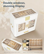 11" Large Jewelry Box White Woven PU Leather Storage Case Holds 100+ Pieces, Jewelry Case with Metal Handles for Necklaces, R