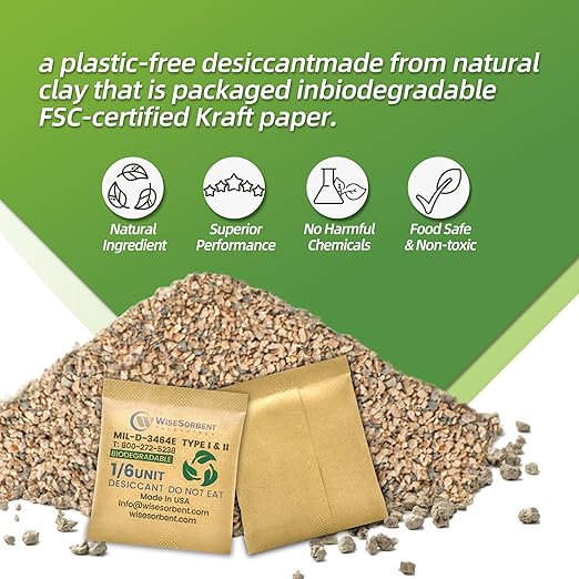 1/6U Kraft Clay Desiccants Packs for Storage - Silica Gel Packets Alternative, 6 Gram Food Safe Bentonite Clay Desiccant