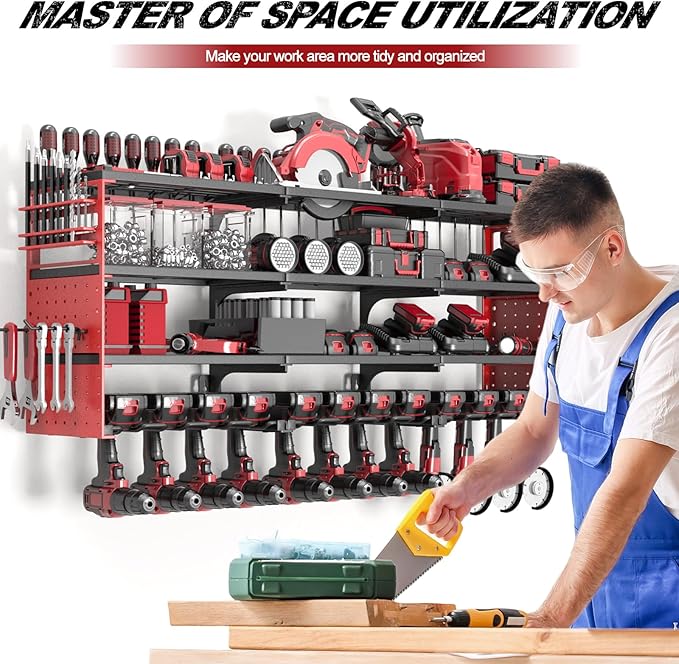 Power Tool Organizer Wall Mount, Cordless Drill Hanger Storage Rack 8 Drill Holder, 4 Layer Heavy Metal Large Capacity Tool R