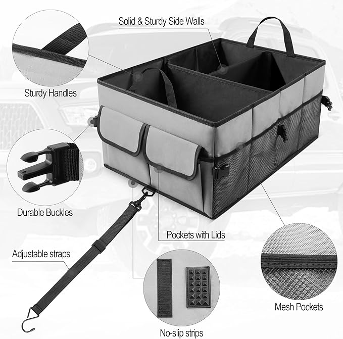 UYYE Auto Collapsible Trunk Organizer, 3 Large Compartments and 6 Pockets Durable for Cargo Storage, Easy to Storage Tools With