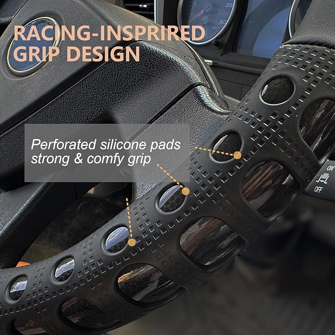 PINCTROT XL Size 17.5-18 in Race Grip Steering Wheel Cover for Semi Truck, Fits RV, Big Rig Trucker, 18 Wheeler and Classic Cars, Anti-Slip Silicone Perforated Design 17.5-18 Inch (Racing Black)