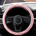 YOGURTCK Cute Diamond Soft Light Pink Leather Anti-Slip Steering Wheel Cover with Bling Bling Crystal Rhinestones, Universal 