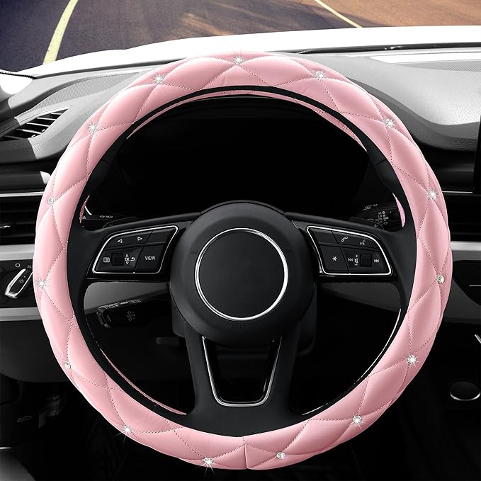 YOGURTCK Cute Diamond Soft Light Pink Leather Anti-Slip Steering Wheel Cover with Bling Bling Crystal Rhinestones, Universal 
